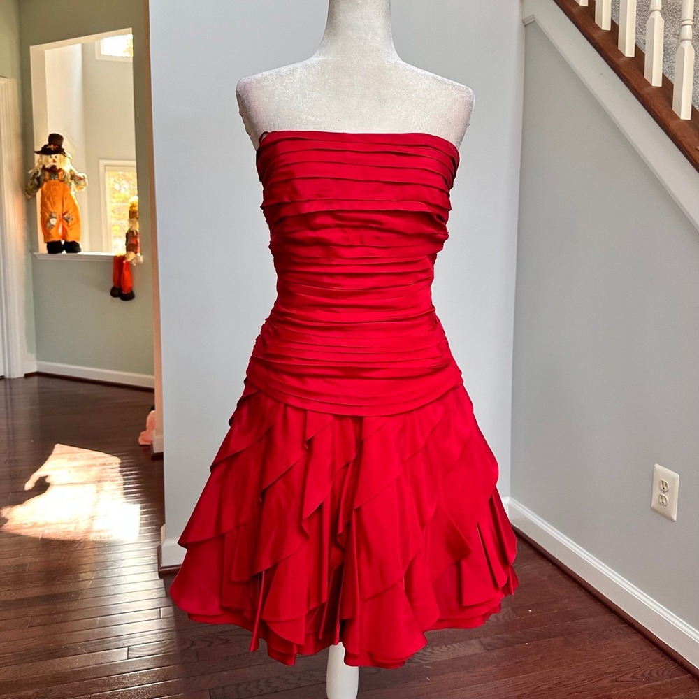 Vintage 2000s Tadaski Red Strapless Layered Cocktail Dress Sizeโ 12